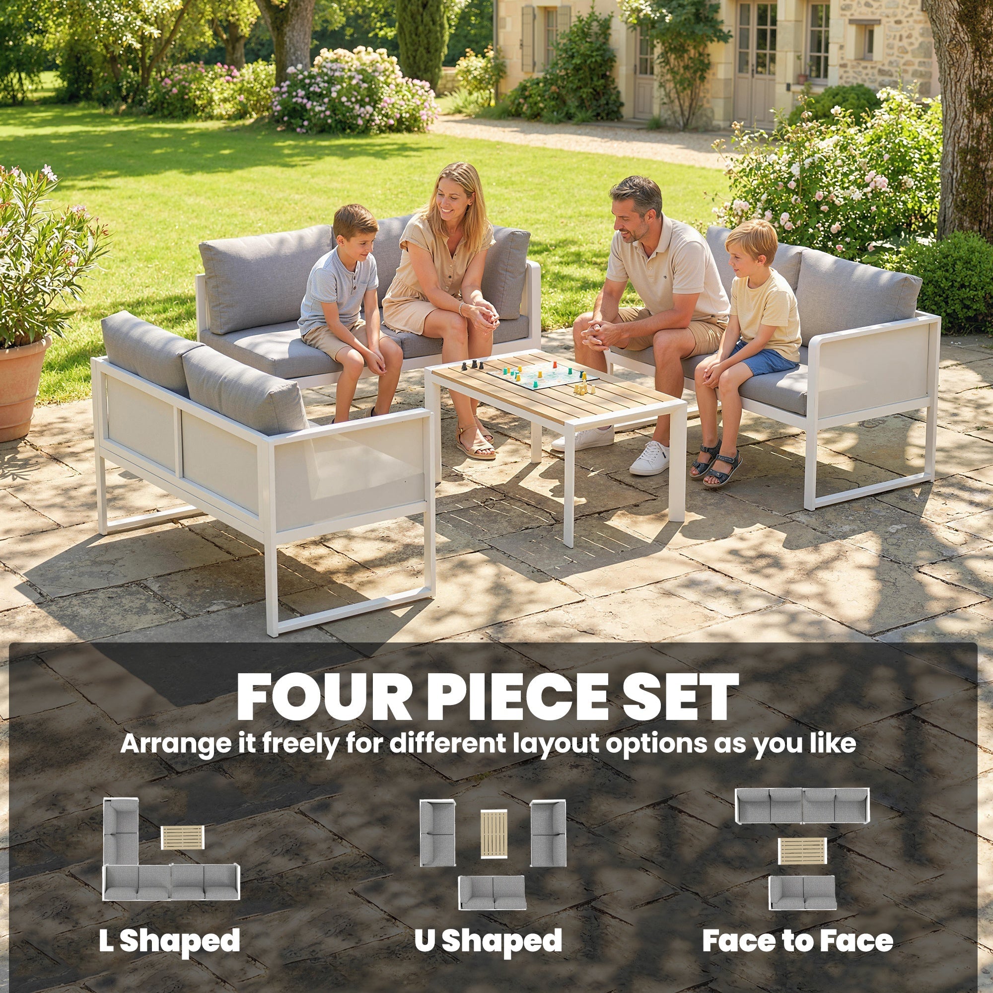 White metal garden furniture set with gray cushions featuring a sectional sofa and faux wood table for outdoors