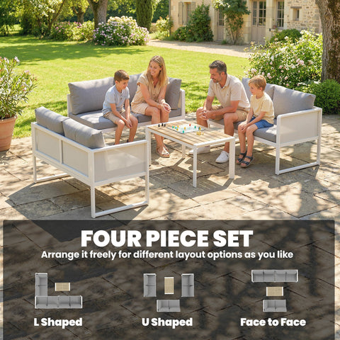 White metal garden furniture set with gray cushions featuring a sectional sofa and faux wood table for outdoors