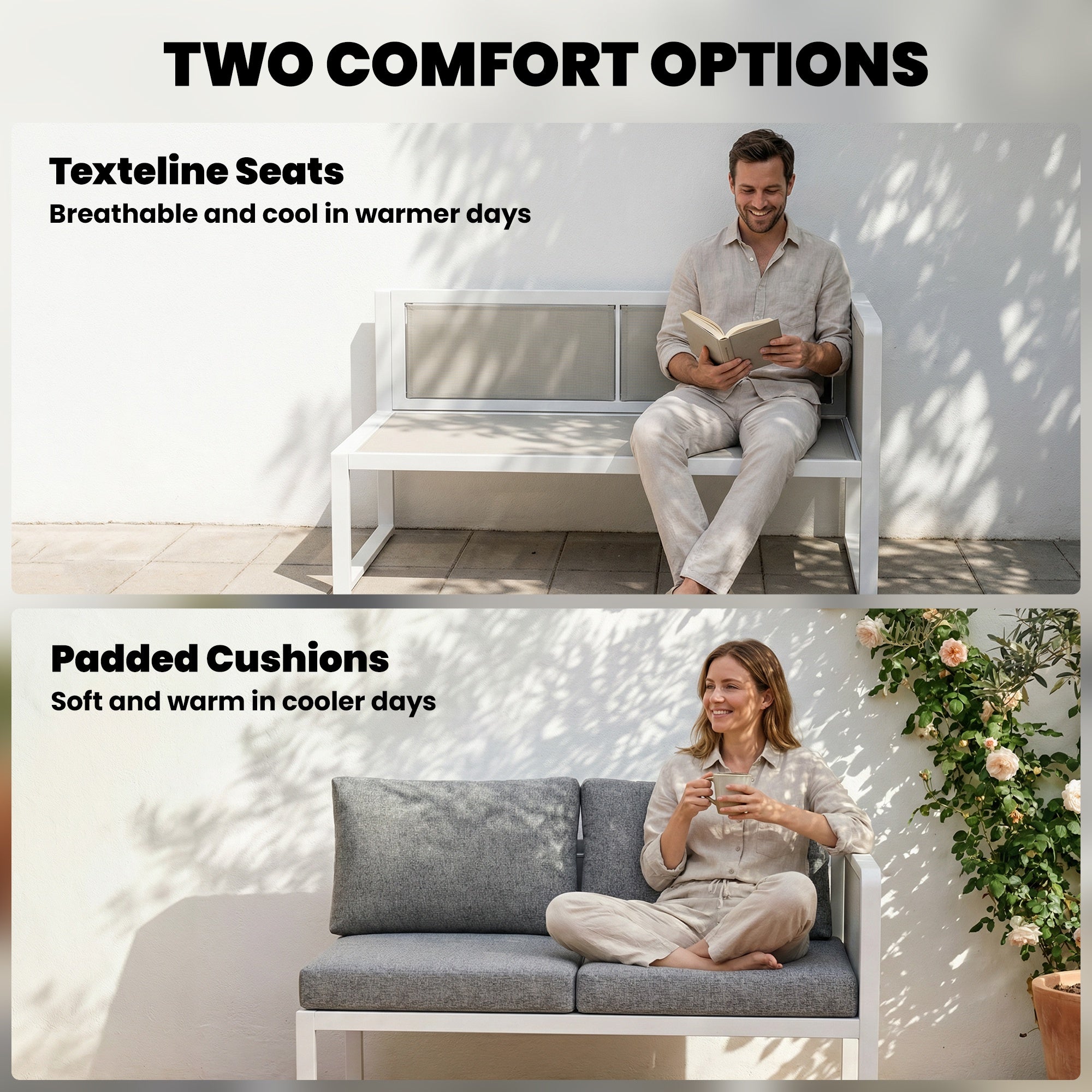 Modern white metal garden furniture set with gray fabric cushions and sleek metal frame for outdoor seating