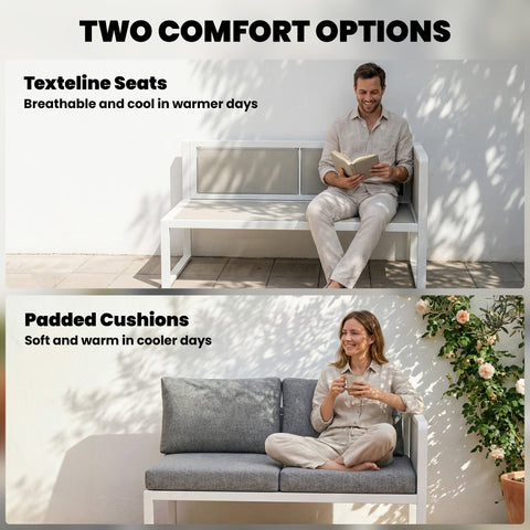 Modern white metal garden furniture set with gray fabric cushions and sleek metal frame for outdoor seating