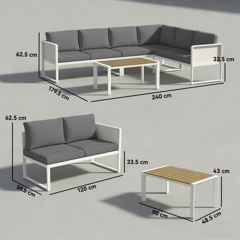 Modern white metal garden furniture set with gray cushions and faux wood coffee table perfect for outdoor use