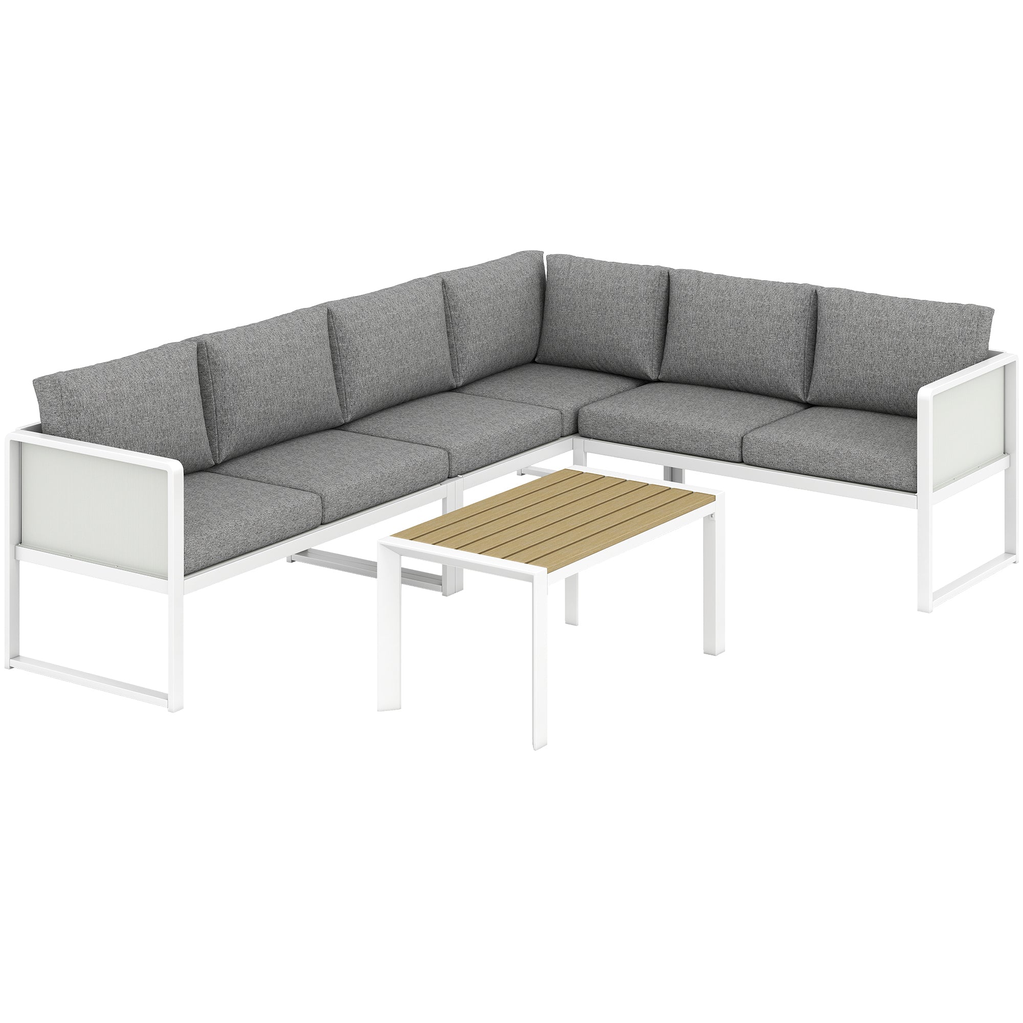 Modern white metal garden furniture set with gray cushions and faux wood slat coffee table for outdoor use