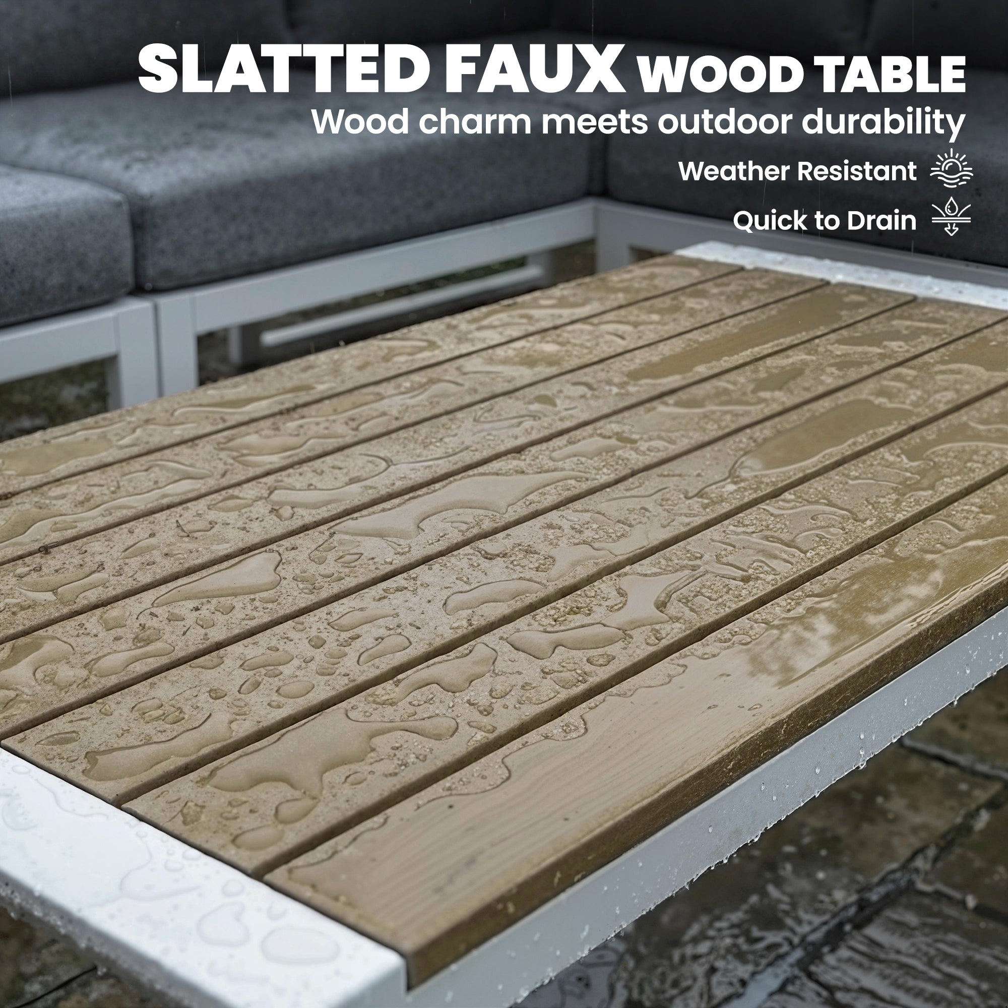 Outsunny 6 seater metal garden furniture set with white metal frame and brownish tan faux wood slatted table surface