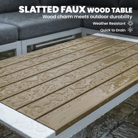 Outsunny 6 seater metal garden furniture set with white metal frame and brownish tan faux wood slatted table surface