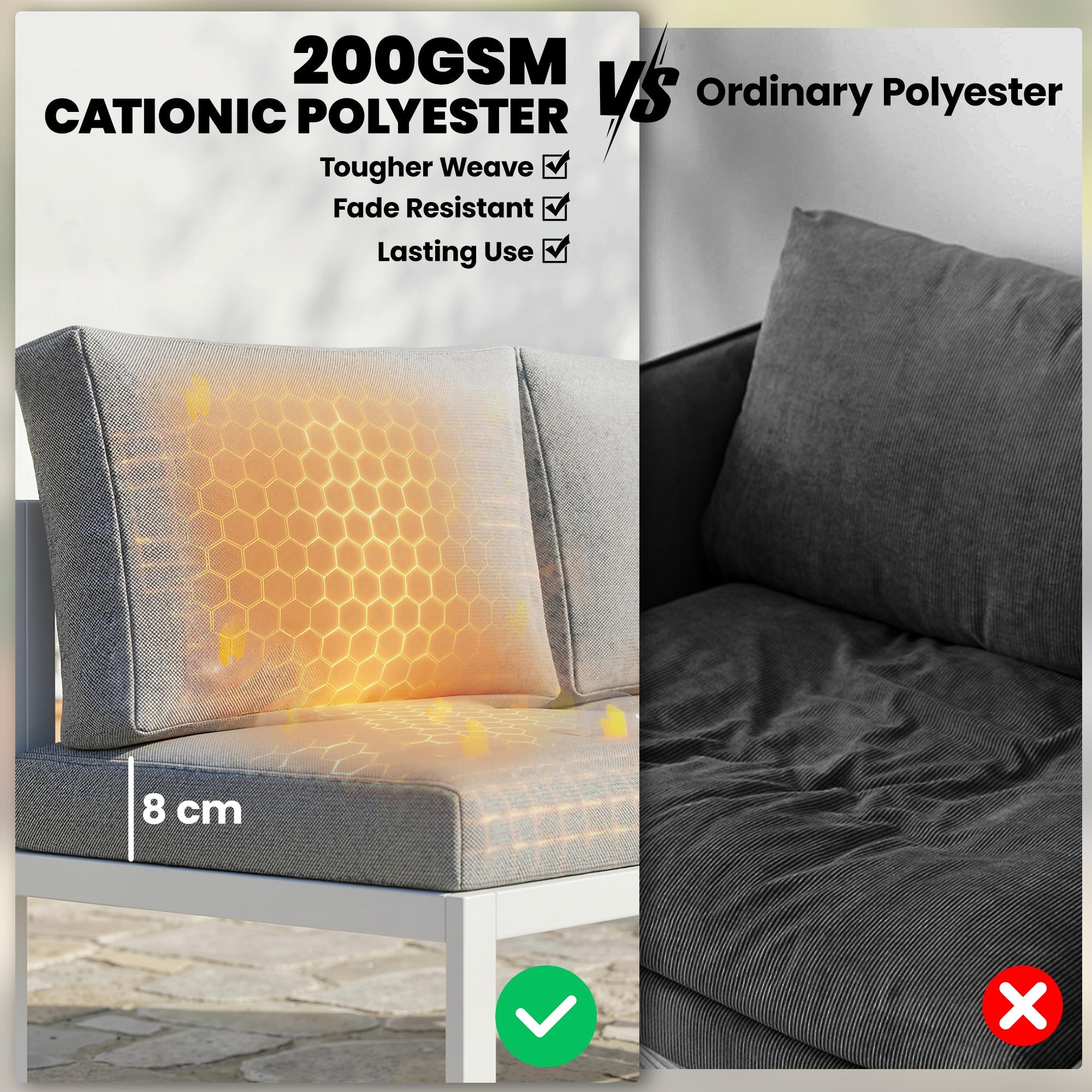 Gray outdoor cushion with honeycomb weave made from 200gsm cationic polyester for metal garden furniture set