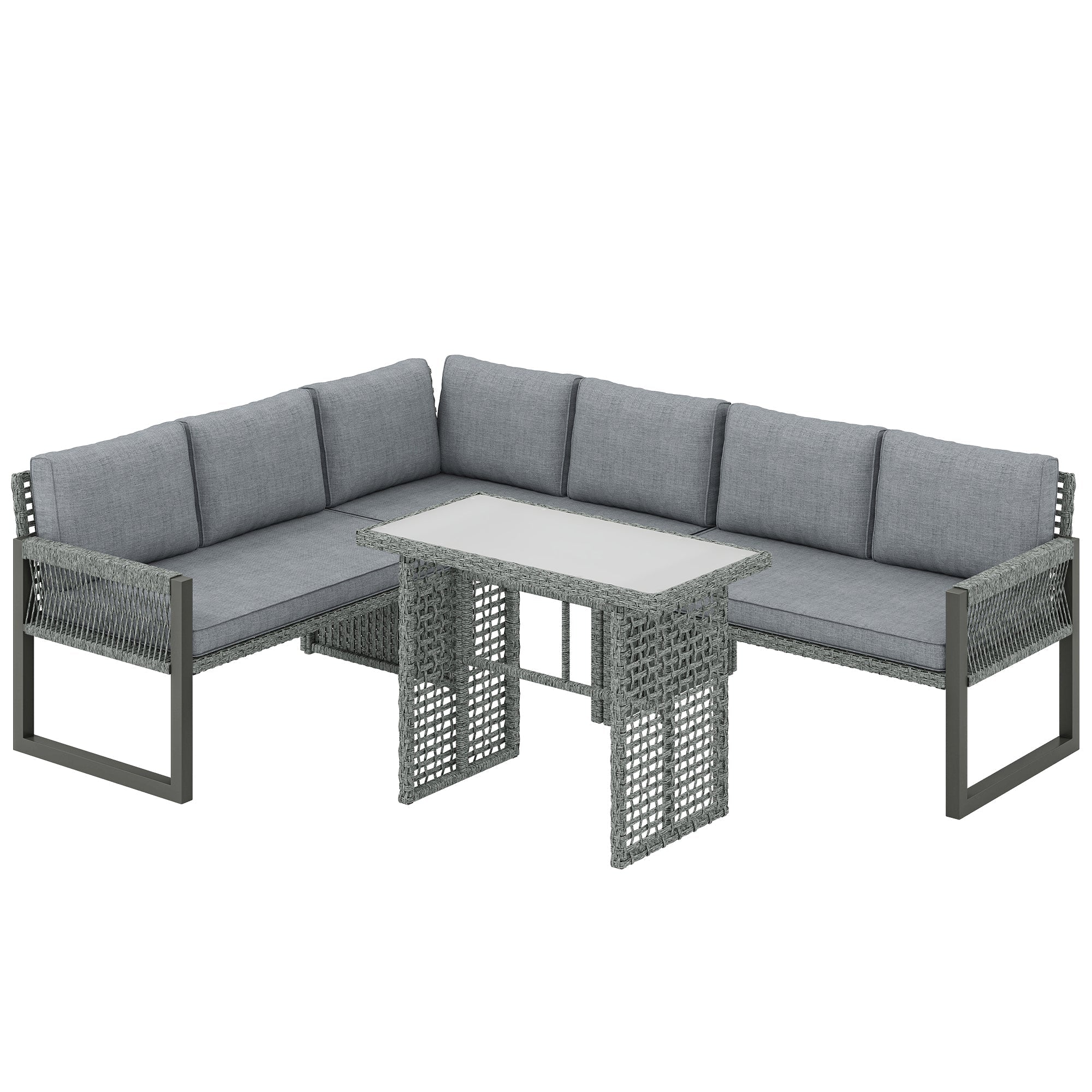 Gray woven wicker outdoor sectional furniture set with grey cushions and tempered glass dining table by outsunny