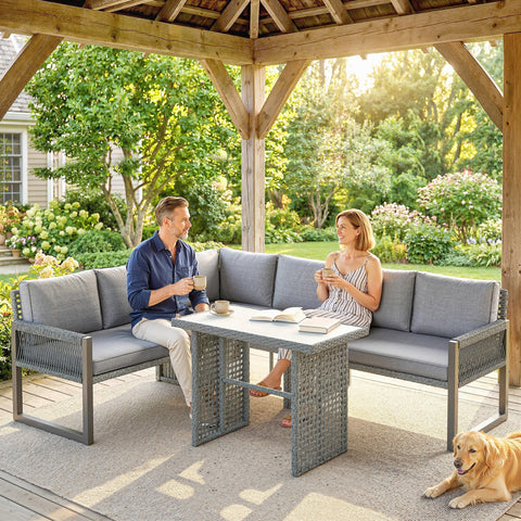 Outsunny gray woven wicker outdoor sectional sofa furniture set with tempered glass dining table for patio use