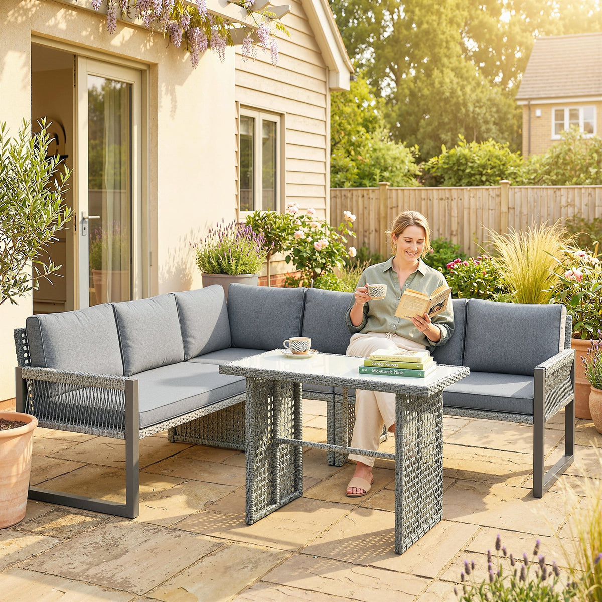 Gray woven wicker 6 seater rattan furniture set with dark gray cushions and tempered glass dining table outdoors
