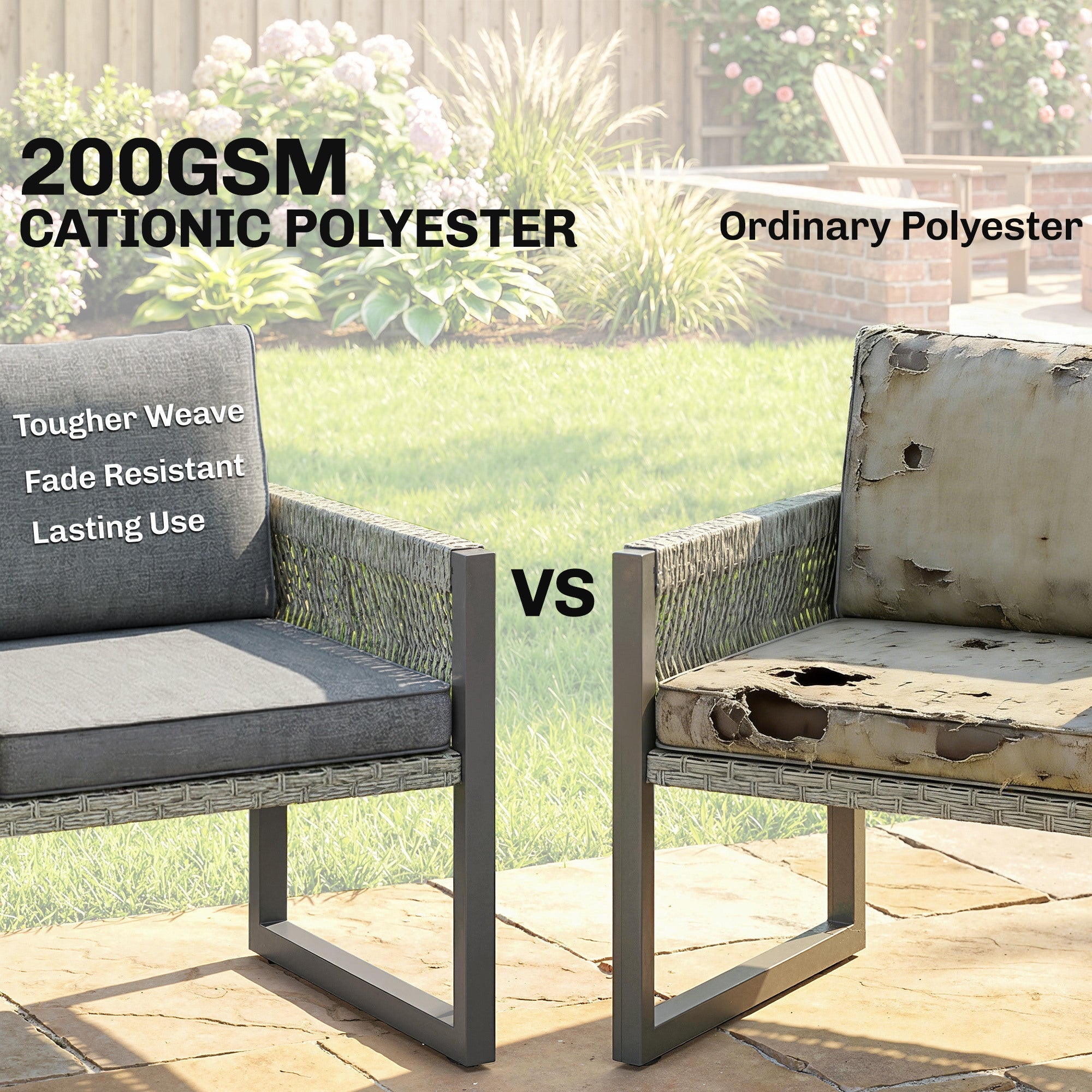 Gray woven outdoor armchair with metal frame and durable 200gsm cationic polyester fabric in outsunny furniture set with tempered glass dining table
