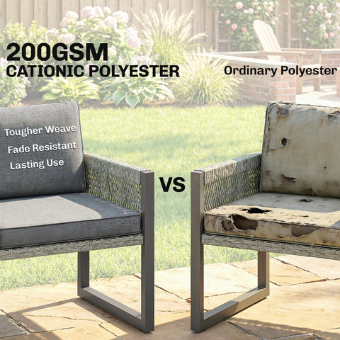 Gray woven outdoor armchair with metal frame and durable 200gsm cationic polyester fabric in outsunny furniture set with tempered glass dining table