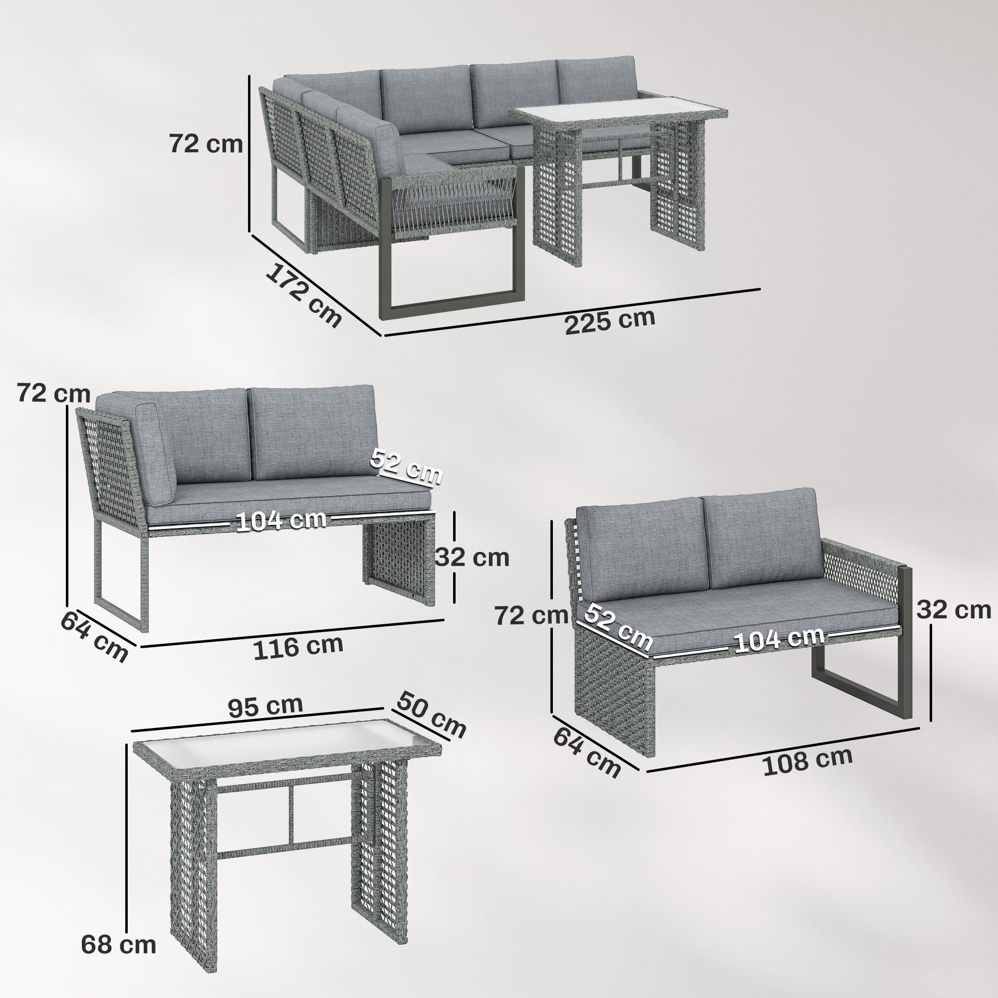 Outsunny gray woven wicker furniture set with tempered glass dining table and gray cushions for outdoor patio use