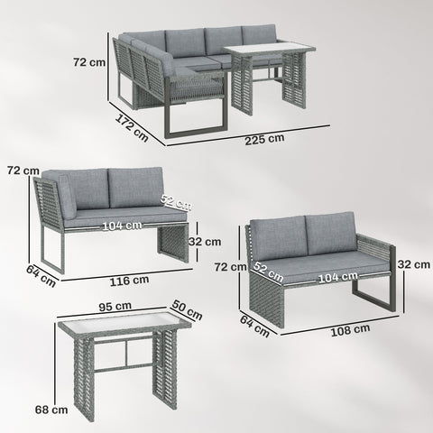 Outsunny gray woven wicker furniture set with tempered glass dining table and gray cushions for outdoor patio use