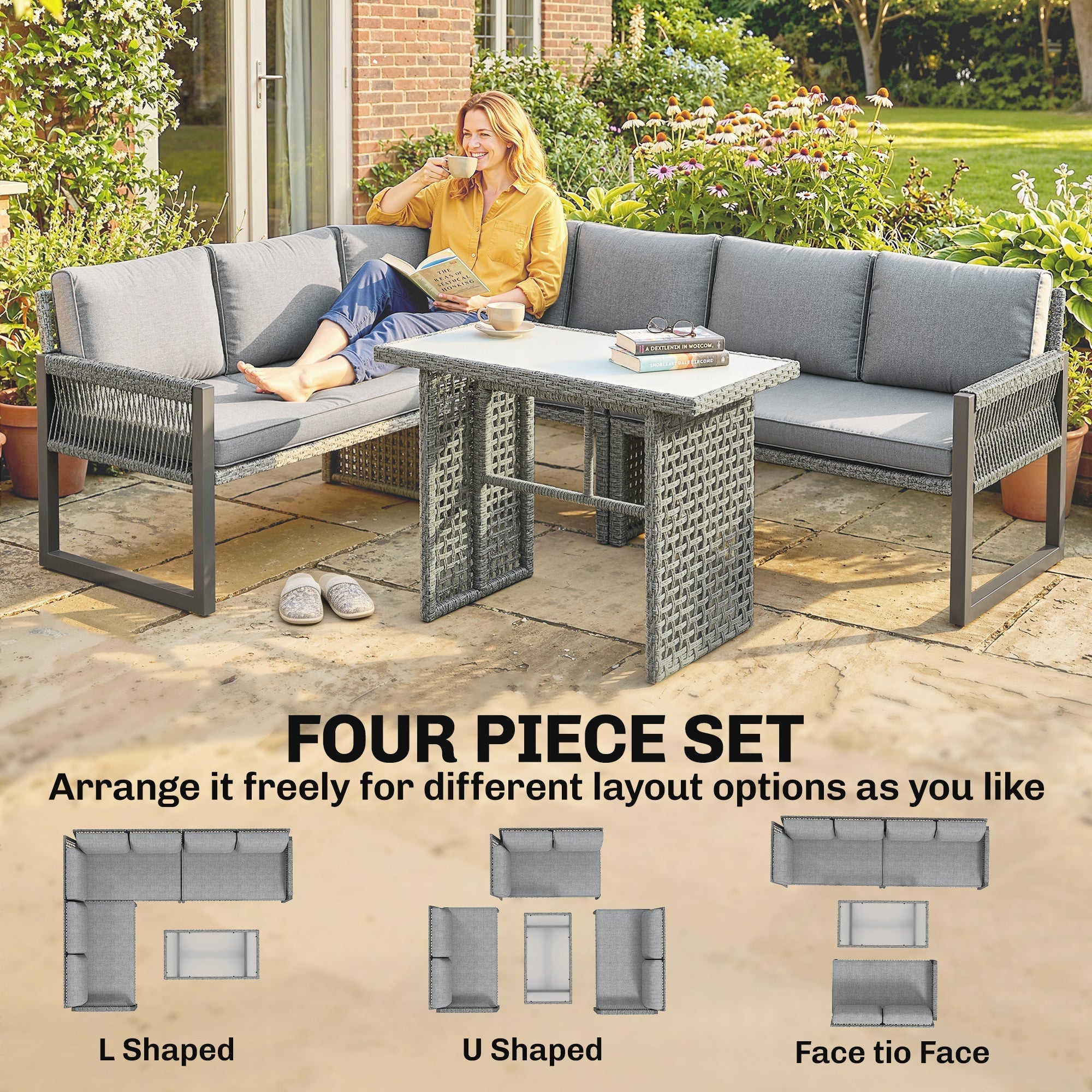 Gray woven wicker outdoor sectional furniture set with plush cushions and tempered glass dining table in modern l-shape
