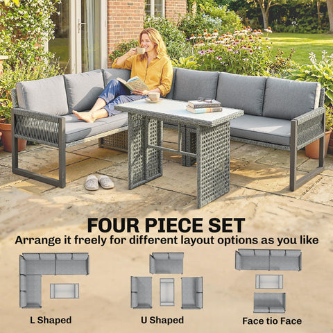 Gray woven wicker outdoor sectional furniture set with plush cushions and tempered glass dining table in modern l-shape