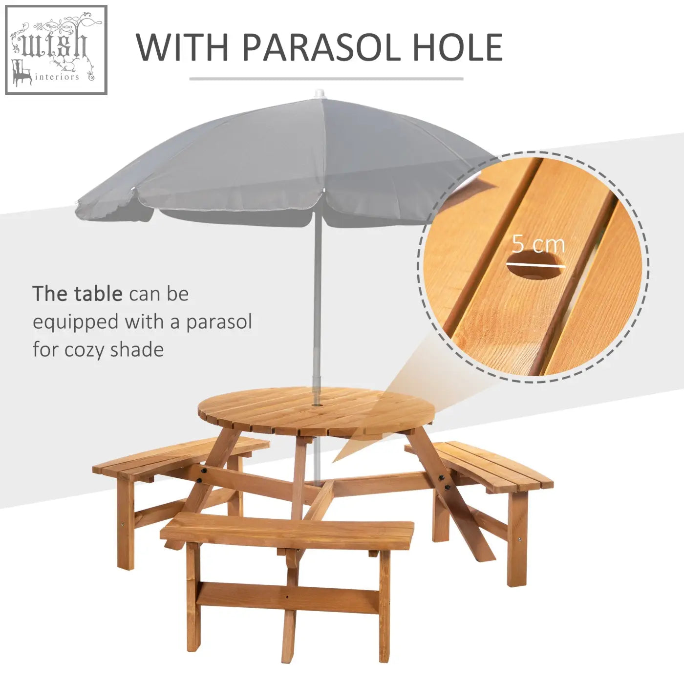 Light brown fir wood construction picnic table with attached benches and parasol hole for outdoor garden use