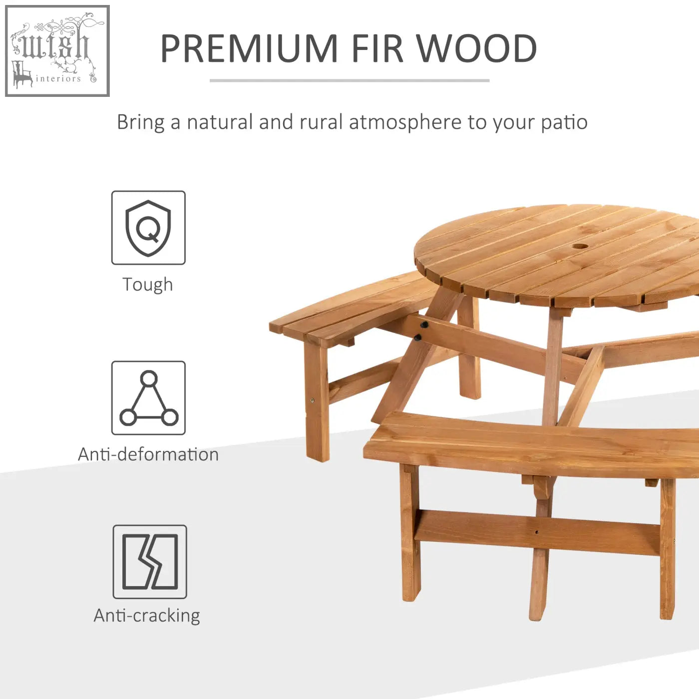 Outsunny 6 seater round wooden picnic table with attached benches in brownish red fir wood construction for outdoor use