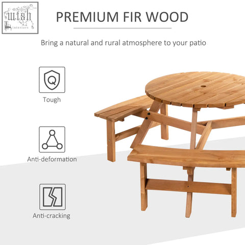 Outsunny 6 seater round wooden picnic table with attached benches in brownish red fir wood construction for outdoor use
