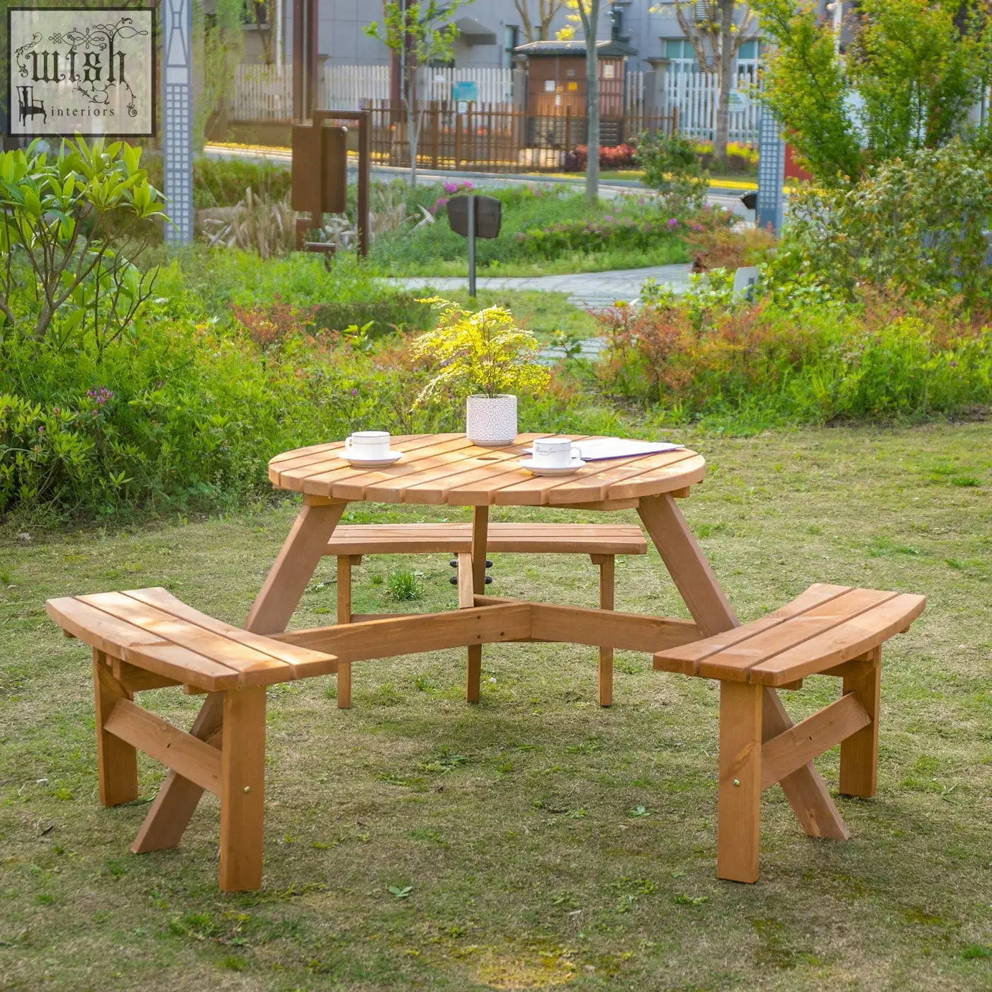 Outsunny 6 seater wooden picnic table with fir wood construction round tabletop and attached benches in brownish red