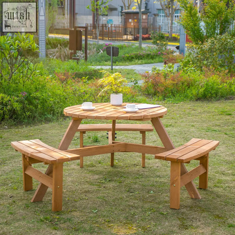 Outsunny 6 seater wooden picnic table with fir wood construction round tabletop and attached benches in brownish red