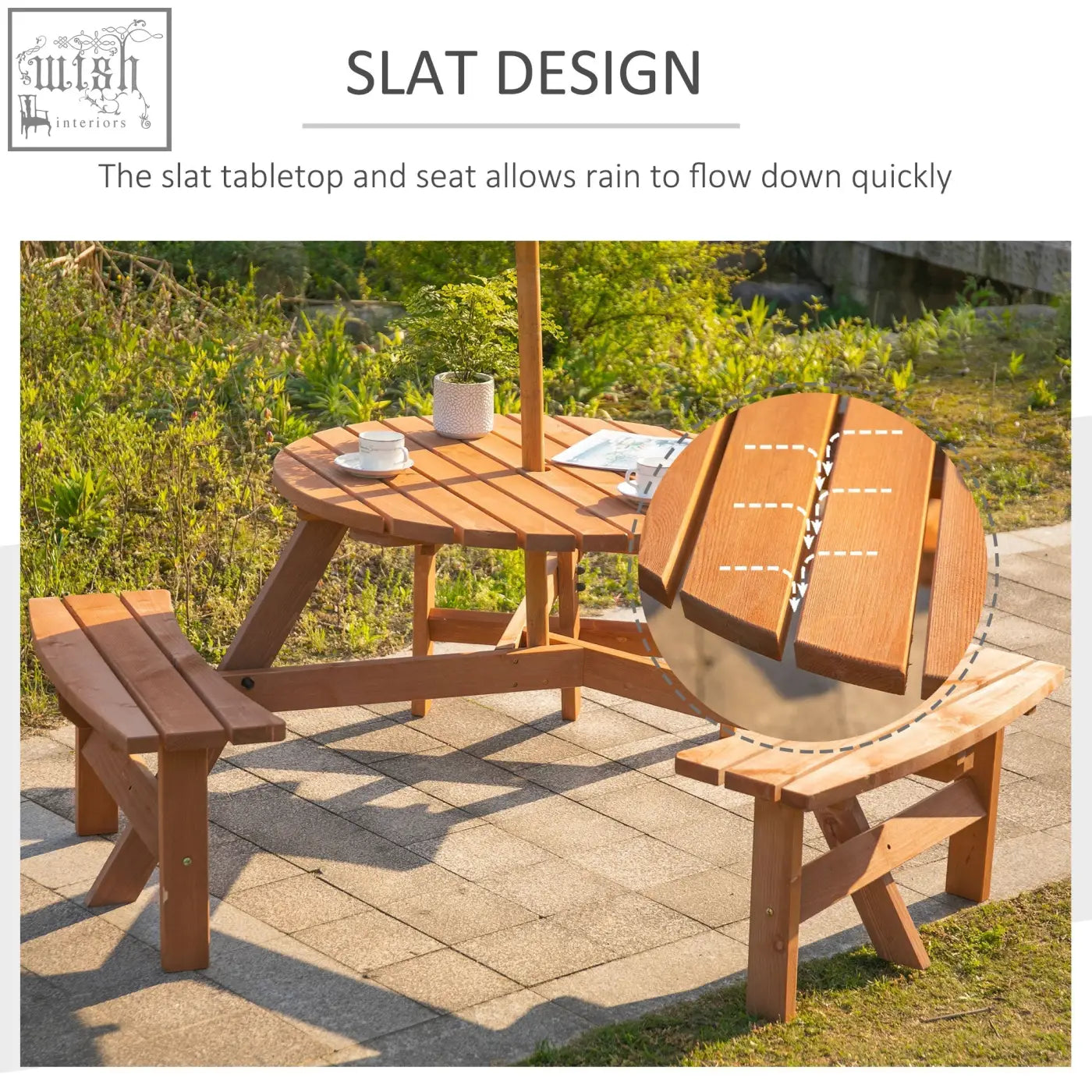 Outdoor fir wood picnic table set with slat design brownish red finish and umbrella hole for garden use