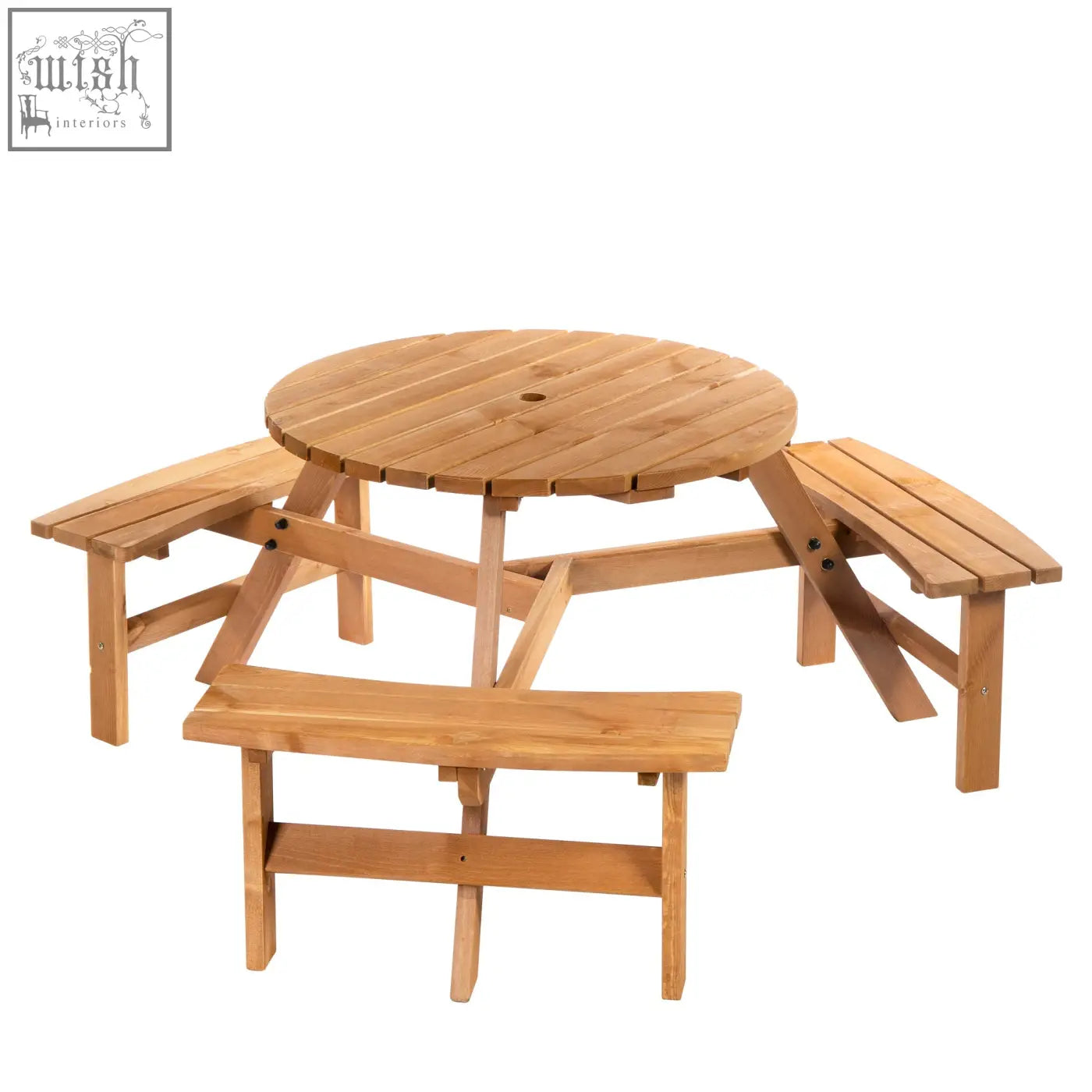Outsunny 6 seater round picnic table with fir wood construction and attached benches in brownish red for outdoor use