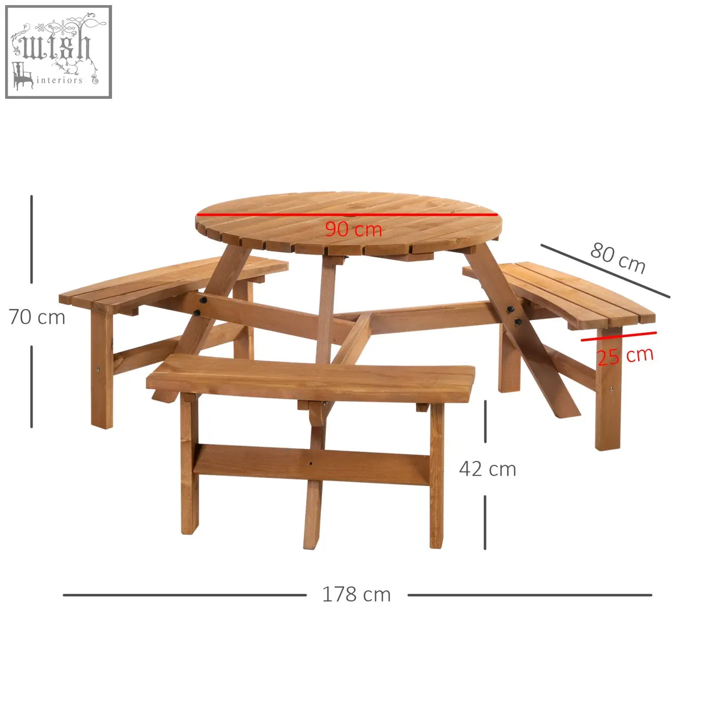 Outsunny 6 seater round picnic table with 3 benches in brownish red fir wood construction with umbrella hole