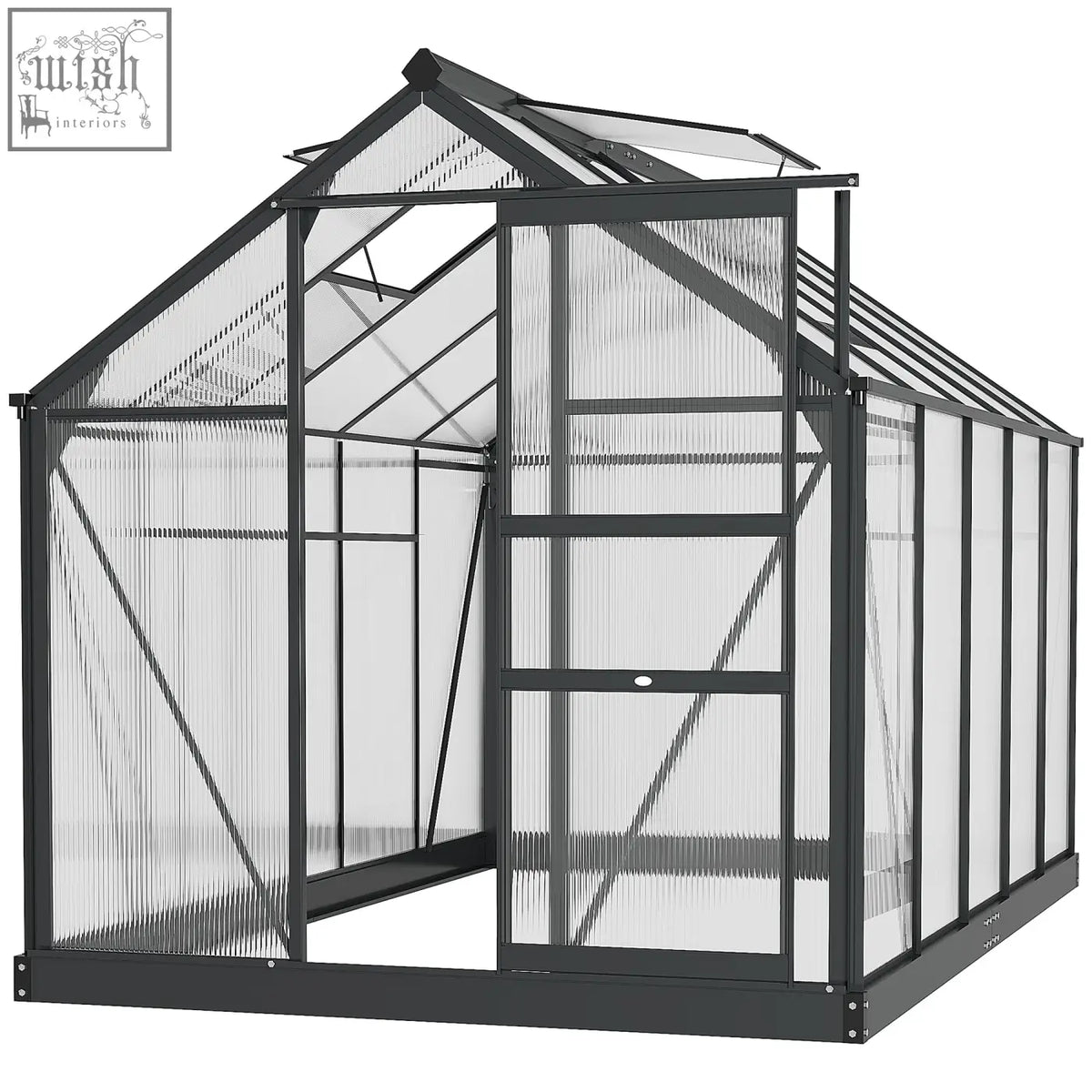 Black-framed outsunny 6x10ft greenhouse with aluminium frame, ribbed polycarbonate panels, slide door, window, and ground stakes included