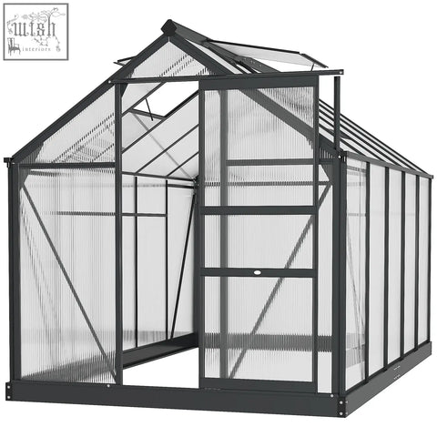 Black-framed outsunny 6x10ft greenhouse with aluminium frame, ribbed polycarbonate panels, slide door, window, and ground stakes included