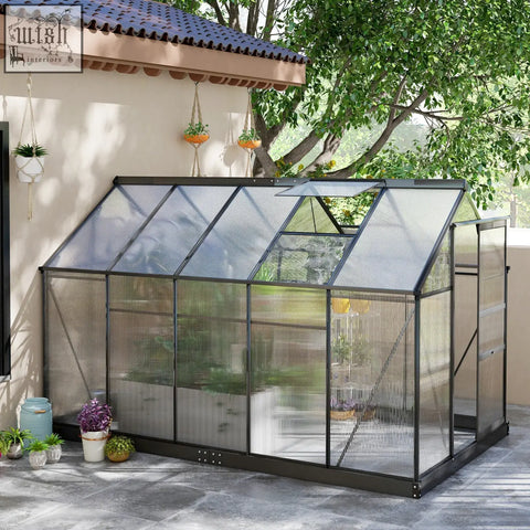 Black framed outsunny 6 x 10ft greenhouse with grey aluminium frame, transparent ribbed glass panels, slide door, and ground stakes included