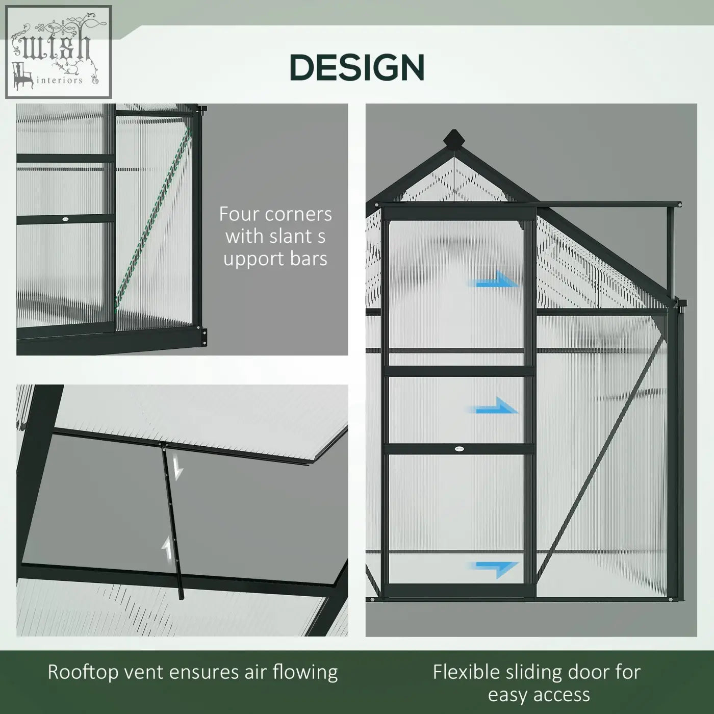 Black-framed outsunny 6x10ft greenhouse with translucent panels, aluminium frame, slide door, and four ground stakes included