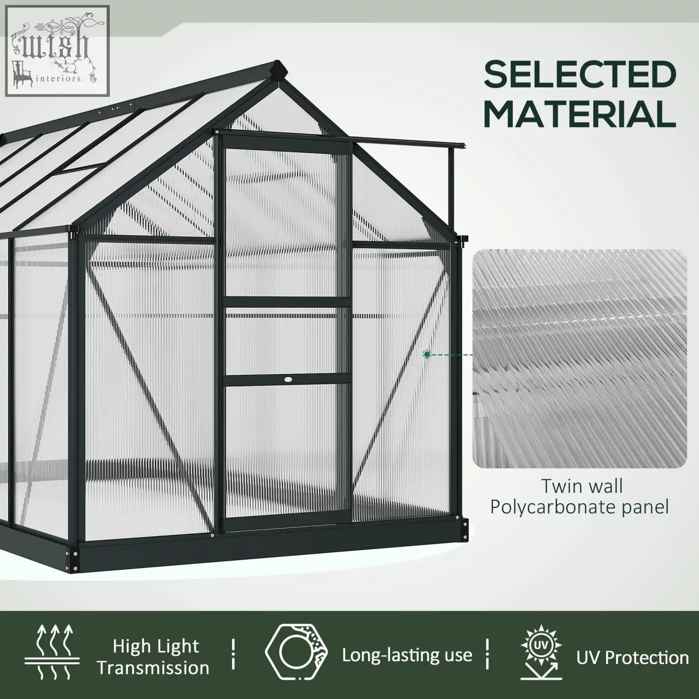 Outsunny 6 x 10ft polycarbonate greenhouse with black aluminium frame and transparent panels with four ground stakes included