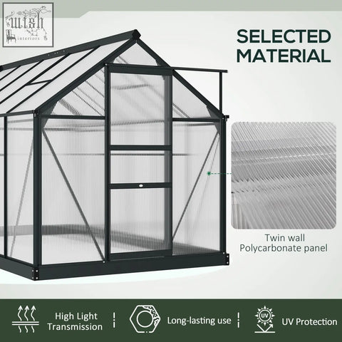 Outsunny 6 x 10ft polycarbonate greenhouse with black aluminium frame and transparent panels with four ground stakes included