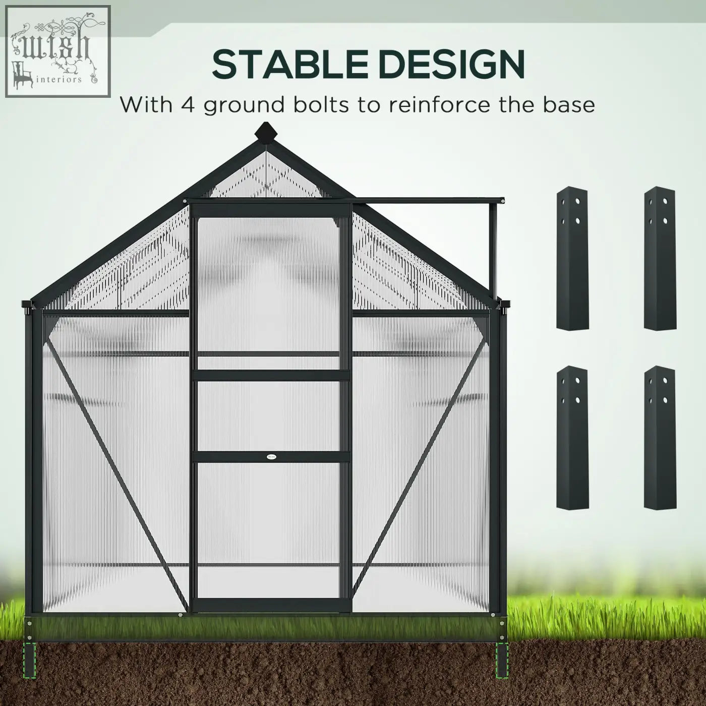 Outsunny 6 x 10ft polycarbonate greenhouse with black aluminium frame and four ground stakes included for stability