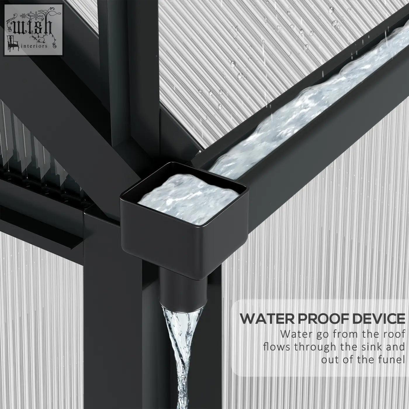 Black square waterproof gutter downspout with water flow on outsunny greenhouse with aluminium frame and ground stakes included
