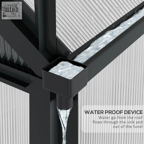 Black square waterproof gutter downspout with water flow on outsunny greenhouse with aluminium frame and ground stakes included