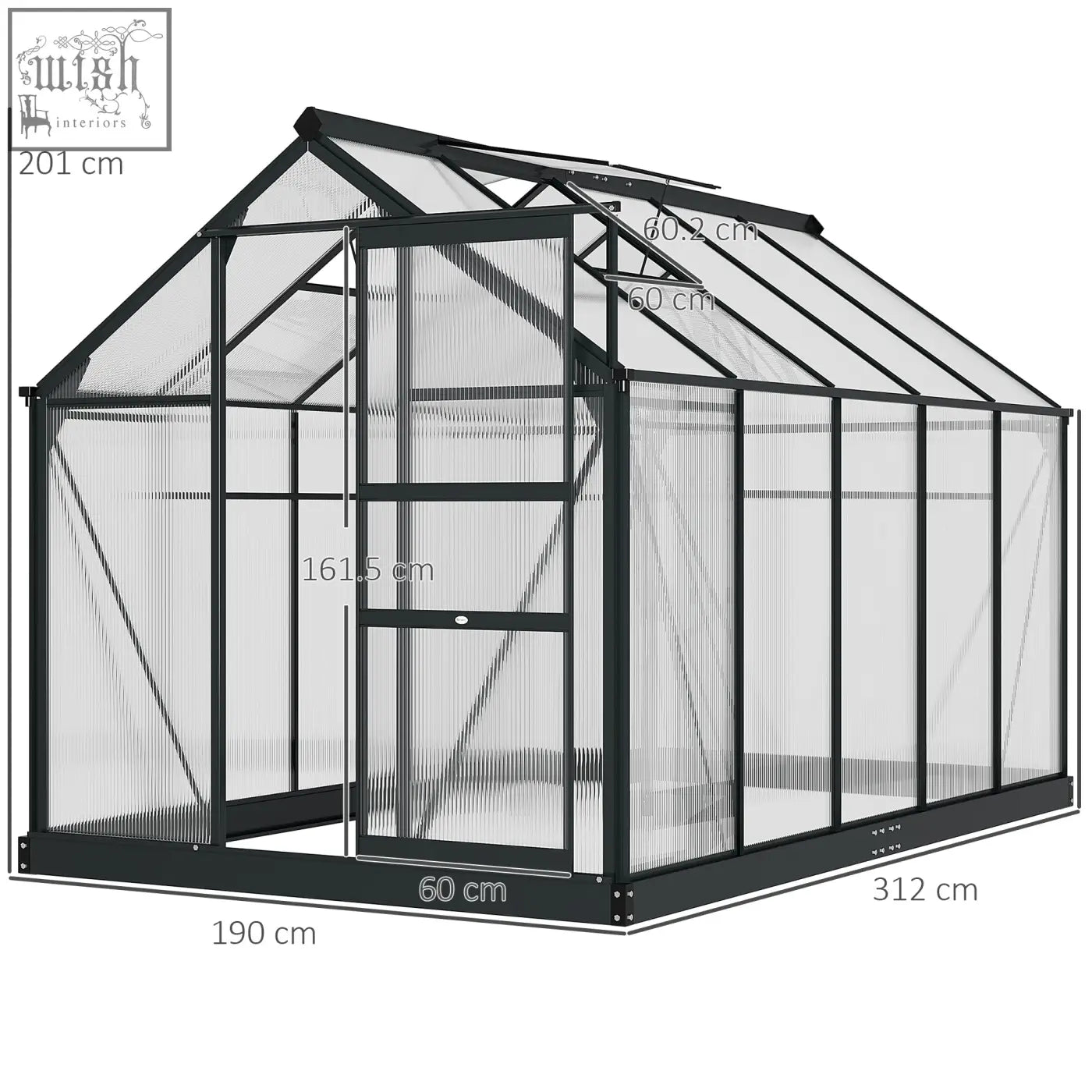 Black-framed outsunny 6 x 10ft greenhouse with aluminium frame, transparent ribbed panels, gabled roof, and ground stakes included