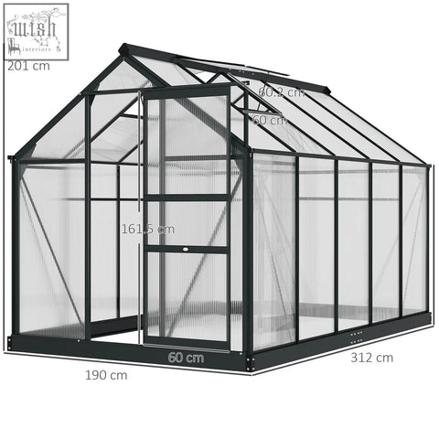 Black-framed outsunny 6 x 10ft greenhouse with aluminium frame, transparent ribbed panels, gabled roof, and ground stakes included