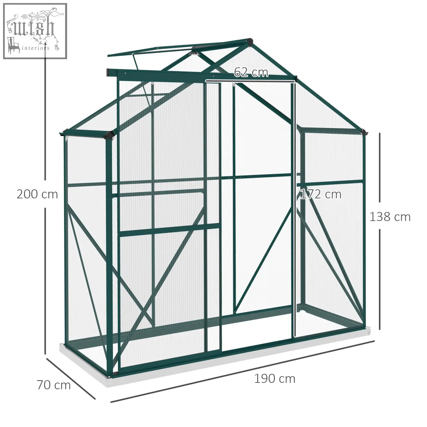 Green outsunny 6 x 2.5ft greenhouse with aluminium frame, transparent panels, sliding door, and 200cm size dimensions
