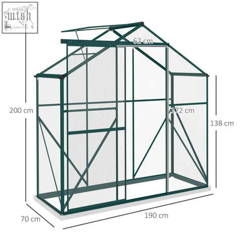 Green outsunny 6 x 2.5ft greenhouse with aluminium frame, transparent panels, sliding door, and 200cm size dimensions