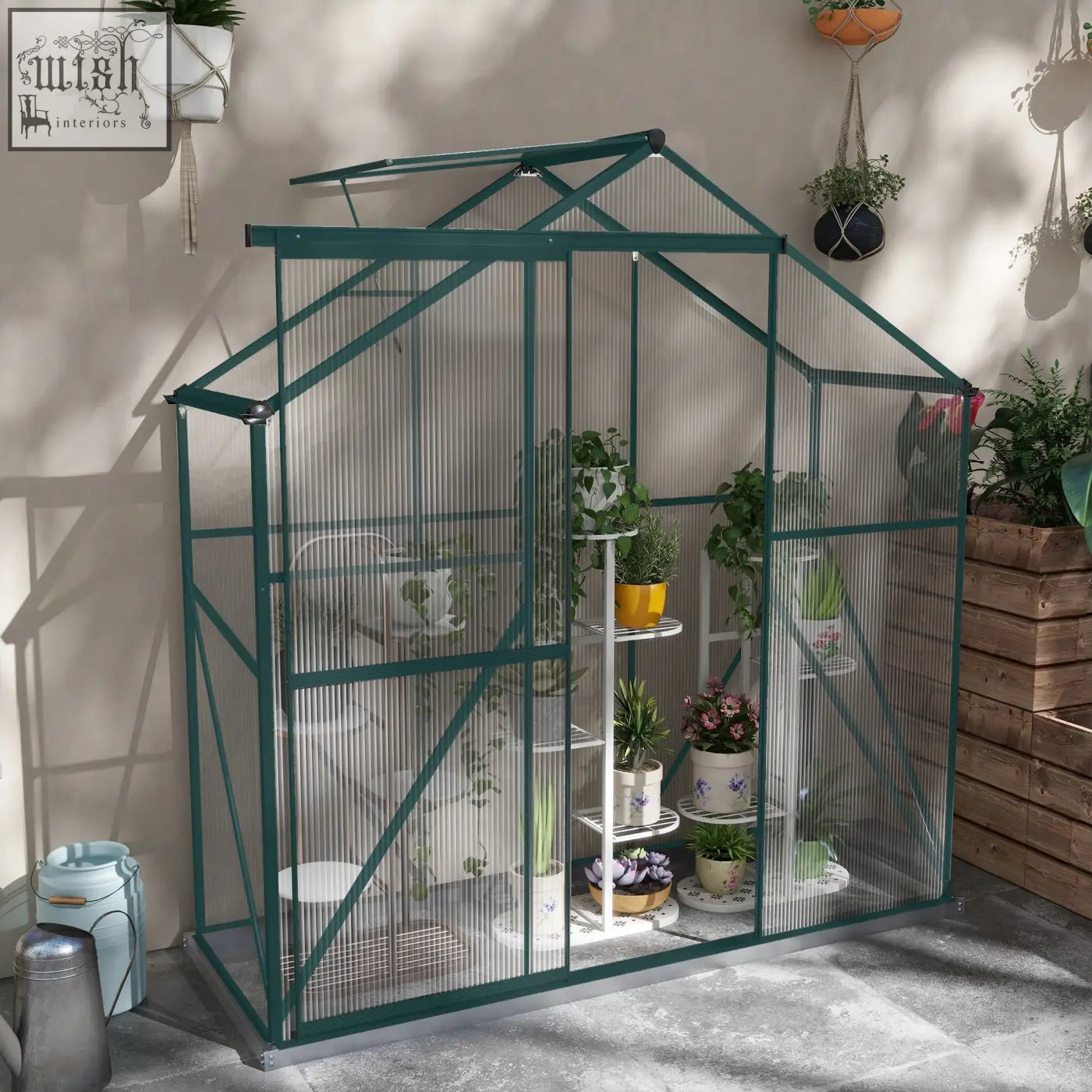 Green metal framed greenhouse with aluminium frame sliding door 200cm size and multiple shelves for plants