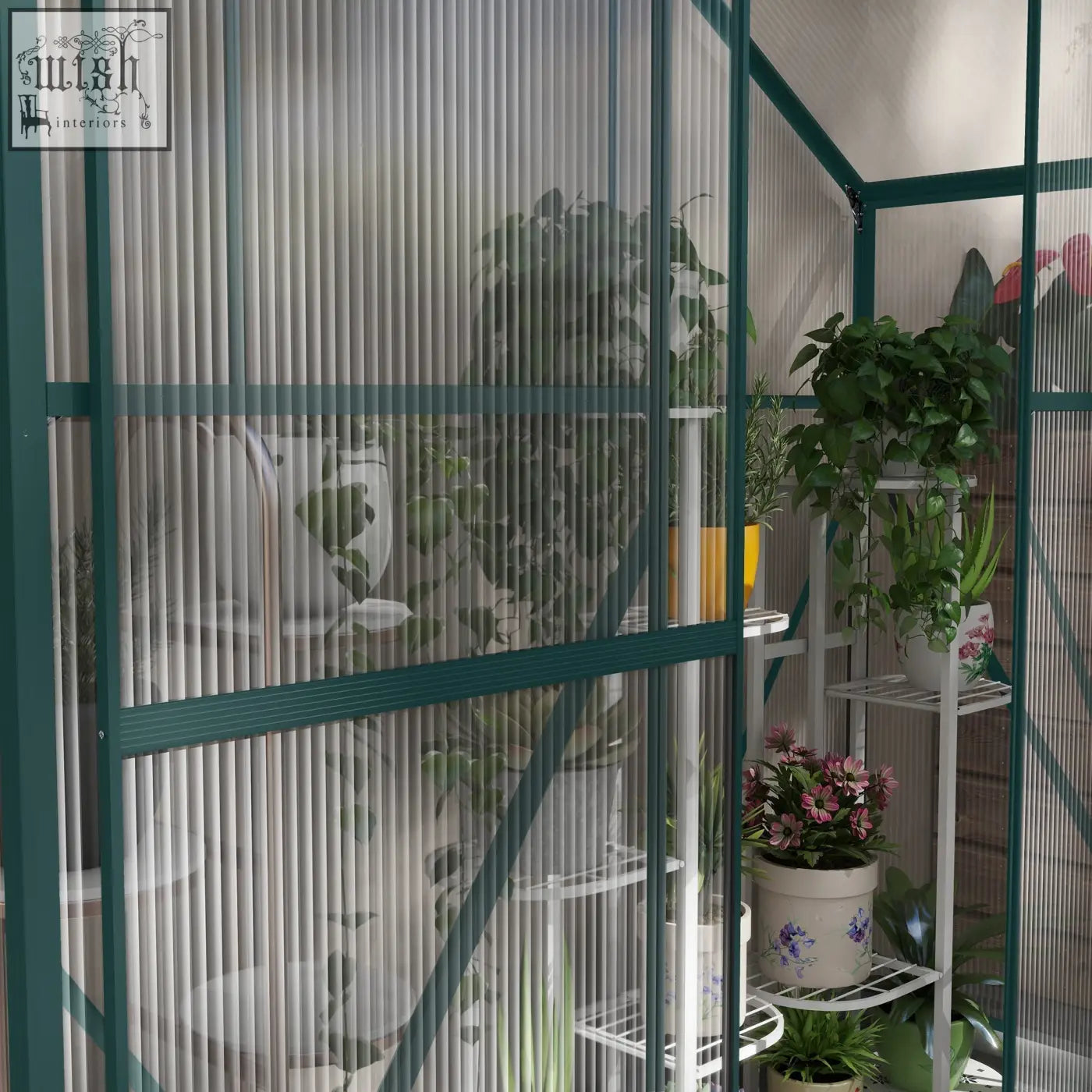 Green-framed aluminium frame greenhouse with sliding door and 200cm size holding potted plants on white shelves