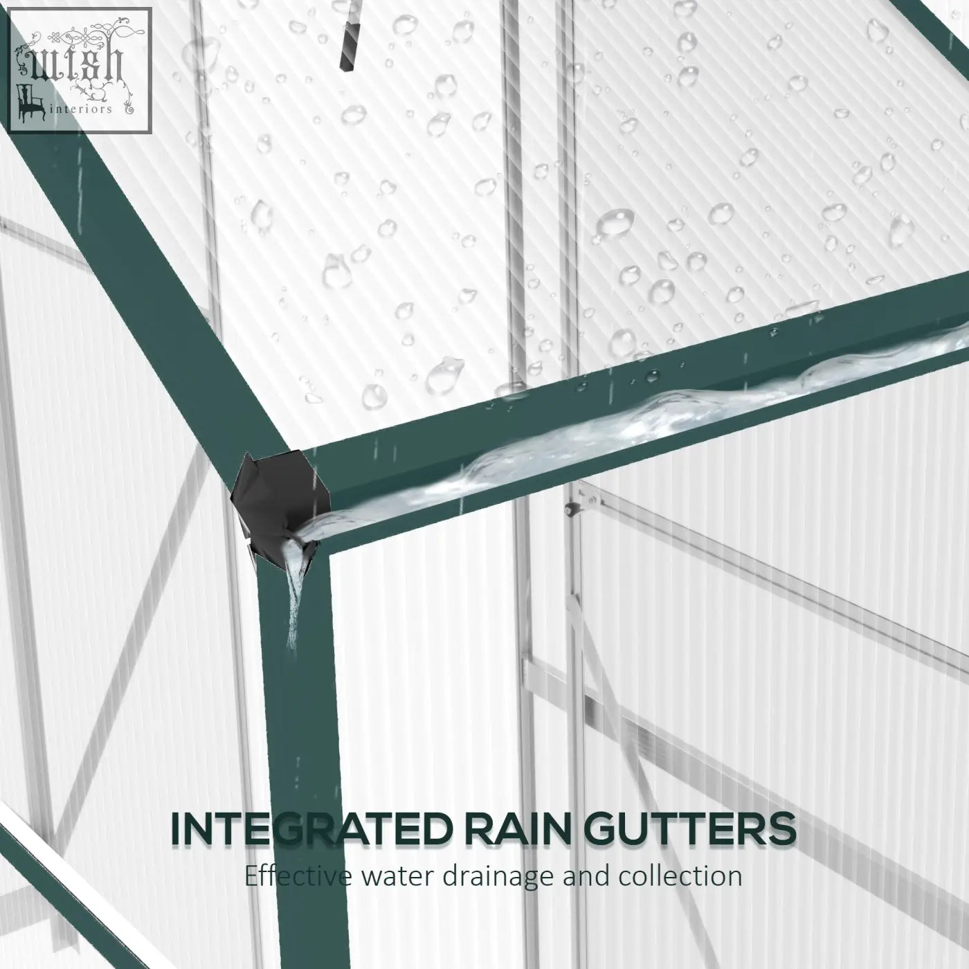 Teal metal rain gutter system with water channels on outsunny 200cm size aluminium frame greenhouse with sliding door