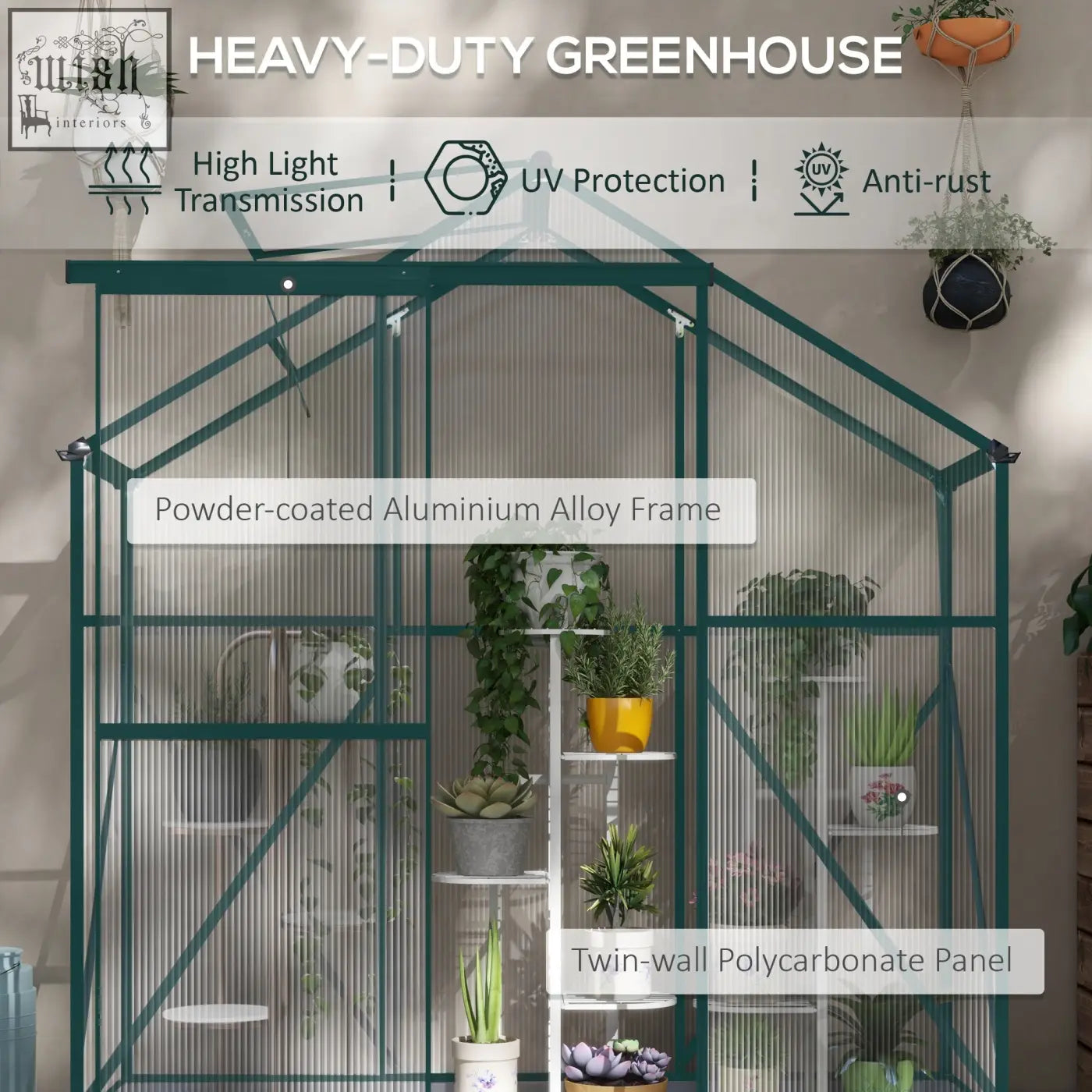 Teal polycarbonate greenhouse with aluminium frame 200cm size featuring sliding door and rain gutter for easy gardening