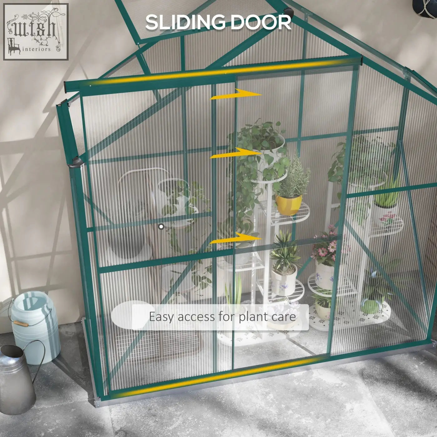 Green-framed 200cm size aluminium frame greenhouse with sliding door and white shelving holding potted plants inside