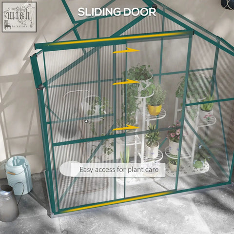 Green-framed 200cm size aluminium frame greenhouse with sliding door and white shelving holding potted plants inside