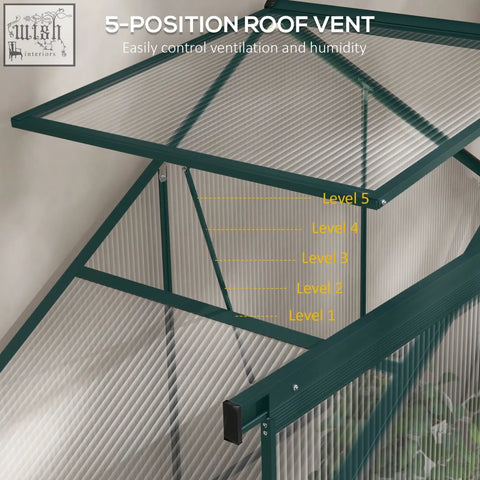 Green framed 5 position roof vent with translucent panels on 200cm size outsunny aluminium frame greenhouse with sliding door