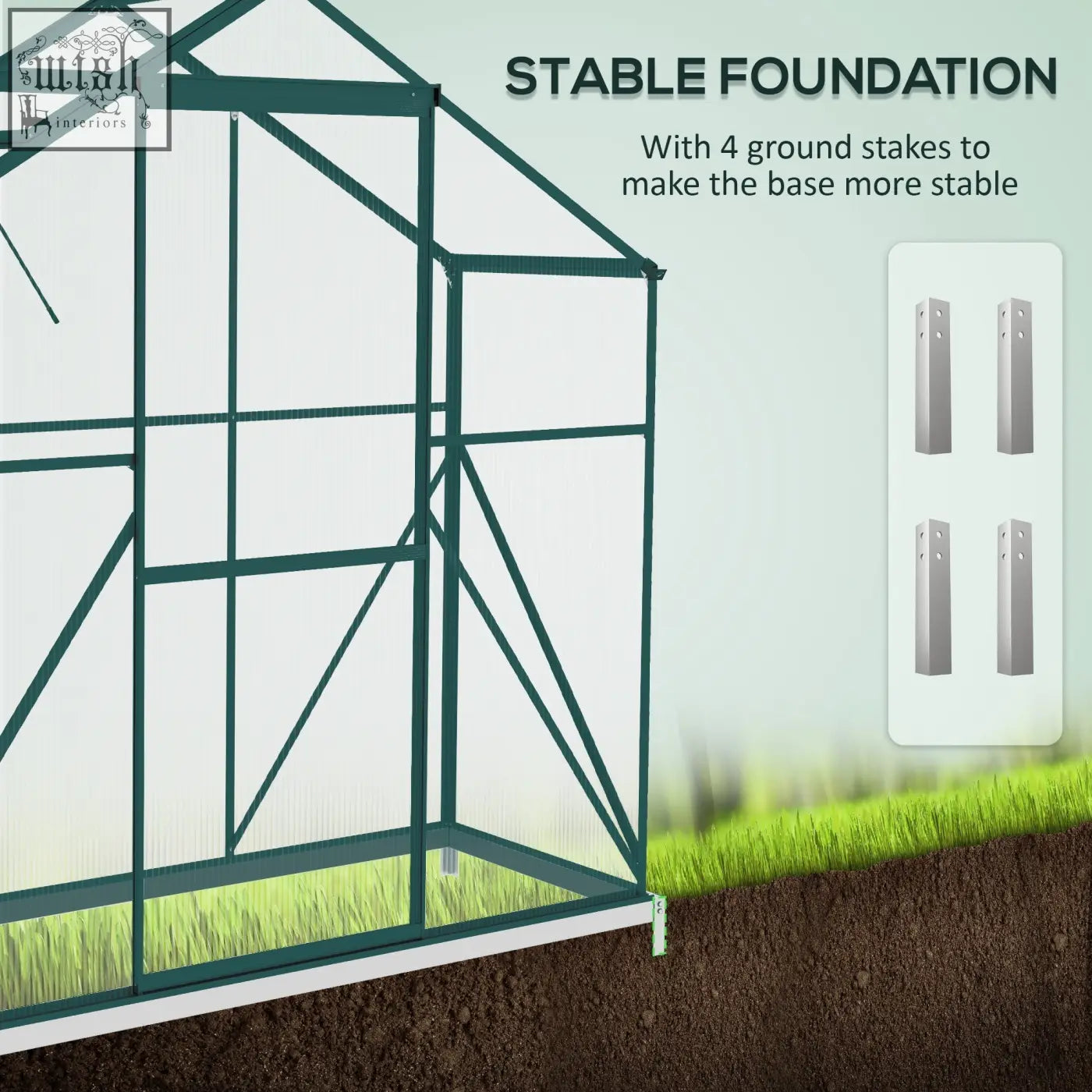 Outsunny 200cm size polycarbonate greenhouse with green aluminium frame, sliding door, window, rain gutter, and ground stakes