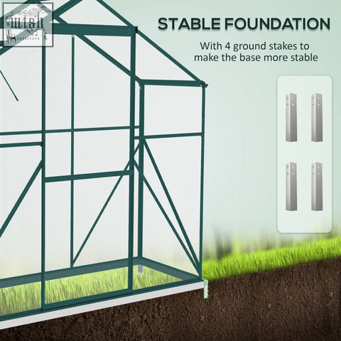 Outsunny 200cm size polycarbonate greenhouse with green aluminium frame, sliding door, window, rain gutter, and ground stakes