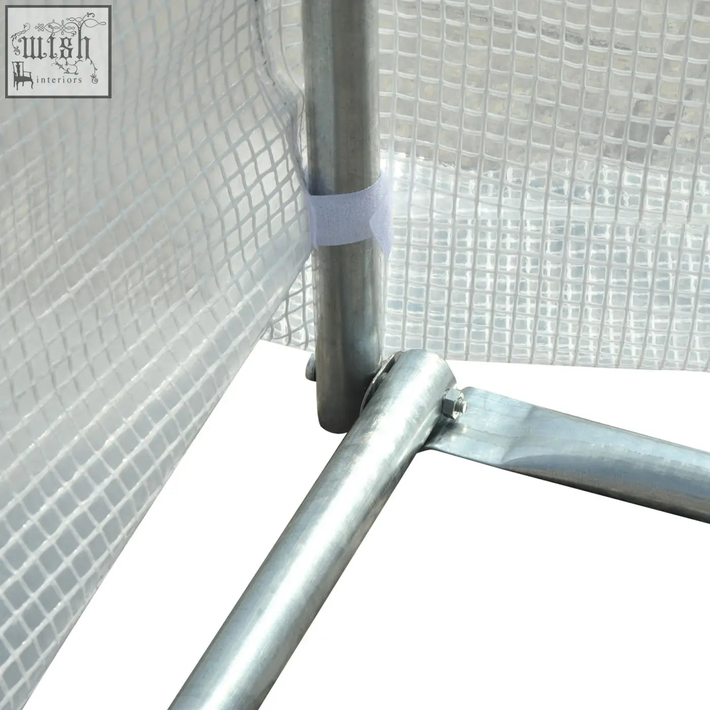 Silver galvanised metal frame with white mesh netting on the back of outsunny polytunnel greenhouse for garden