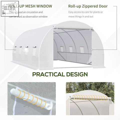 White roll-up mesh polytunnel greenhouse with zippered door and galvanised metal frame for garden use